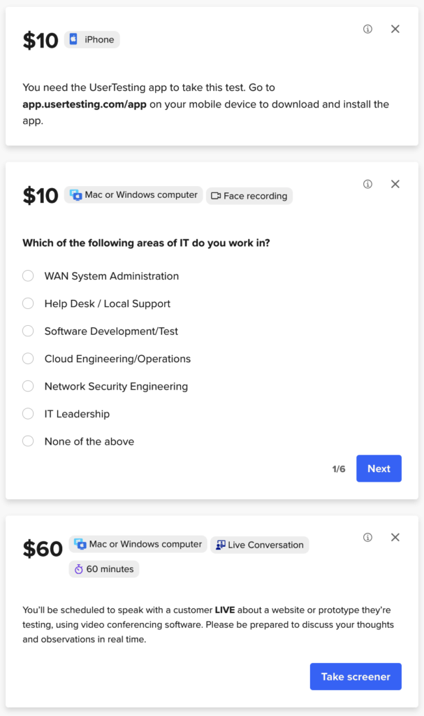 a screenshot of some of the tasks on the UserTesting dashboard